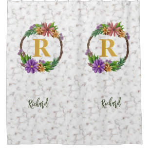 Floral Wreath Initial Letter Monogram Name Marble Shower Curtain
