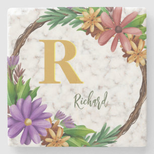 Floral Wreath Initial Letter Monogram Name Marble Stone Coaster