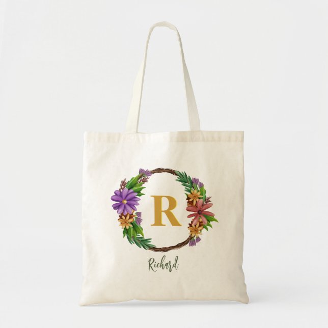 Floral Wreath Initial Letter Monogram Name Marble Tote Bag (Front)