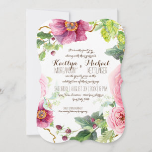 Floral Wreath Leaf Bracket Raspberry Roses Peonies Invitation