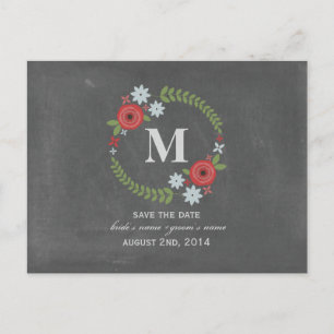 Floral Wreath Monogram Chalk Inspired Save Date Announcement Postcard