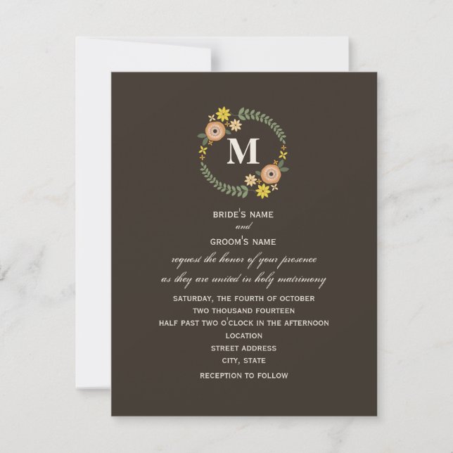 Floral Wreath Monogram Fall Wedding Invitation (Front)