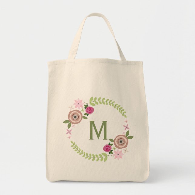 Floral Wreath Monogram Grocery Tote (Front)