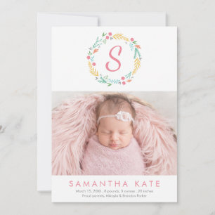 Floral Wreath Monogram Modern Photo Birth Announcement