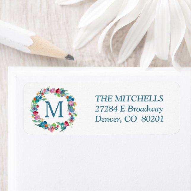 Floral Wreath Monogram Return Address Label (Insitu)
