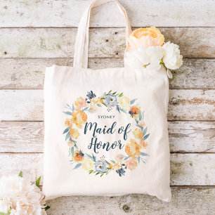 Floral Wreath Monogrammed Maid of Honour Tote Bag