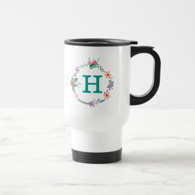 Floral Wreath Monogrammed Travel Mug (Right)