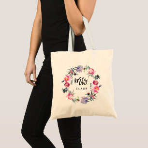 Floral Wreath   Mrs. with Personalised Name Tote Bag