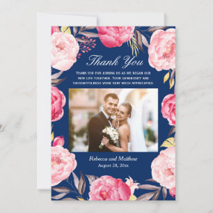 Floral Wreath Navy Blue Photo Wedding Thank You Card