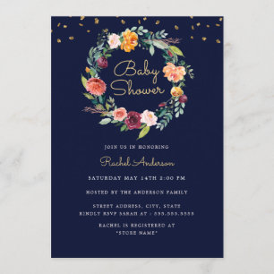 Floral Wreath Navy Gold Baby Shower Invitation