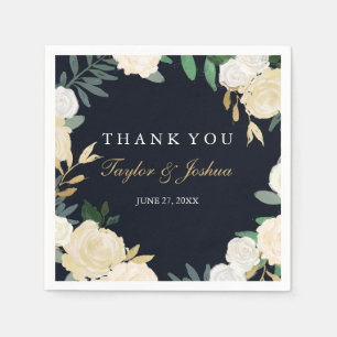 Floral Wreath Navy Thank You Wedding Napkin