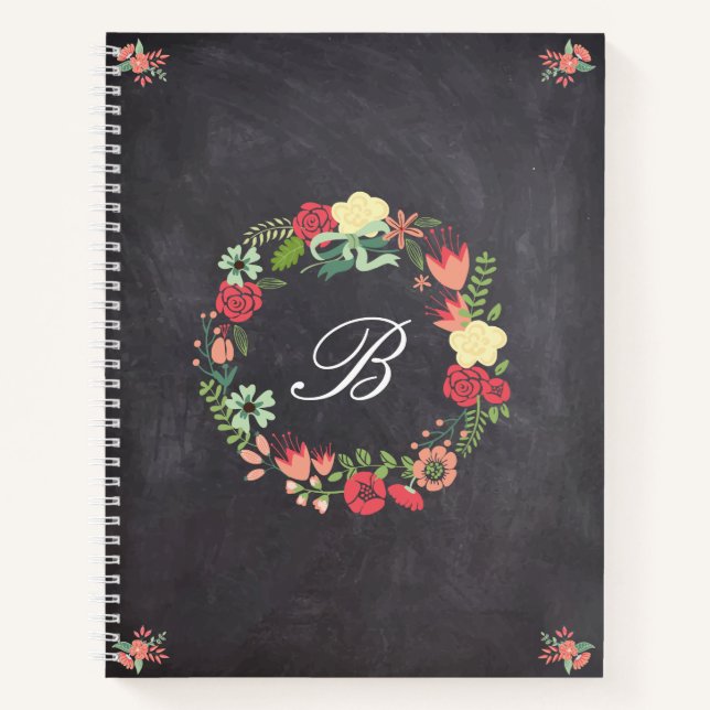 Floral Wreath on Chalkboard Monogram Notebook (Front)