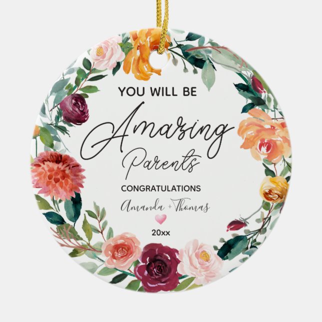 Floral Wreath Personalised New Parents Christmas Ceramic Ornament (Front)