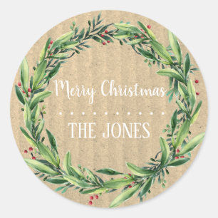Floral Wreath   Personalized Christmas Classic Round Sticker