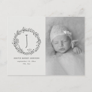 Floral wreath photo birth announcement postcard