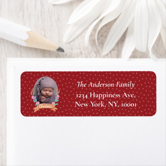 Floral Wreath Photo Christmas Red return address Label (Insitu)