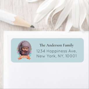 Floral Wreath Photo Frame baby blue Return Address Label