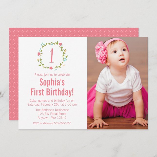 Floral Wreath Photo Girl 1st Birthday Invitation (Front/Back)
