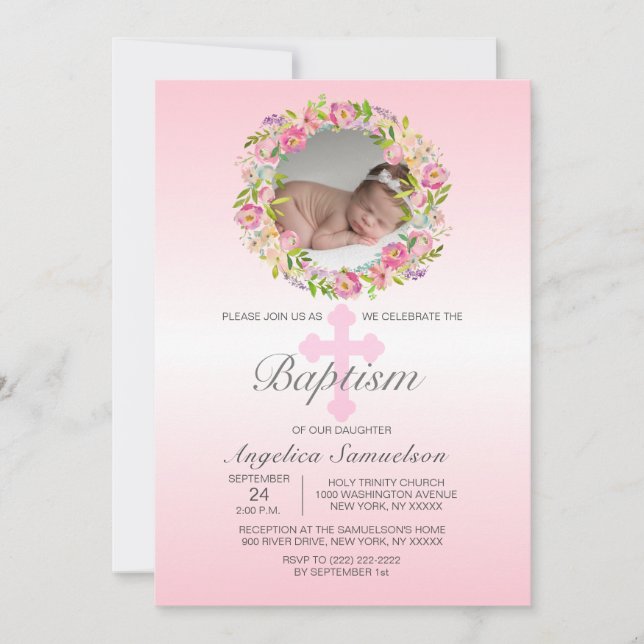 Floral Wreath Pink BAPTISM GIRL | PHOTO Invitation (Front)
