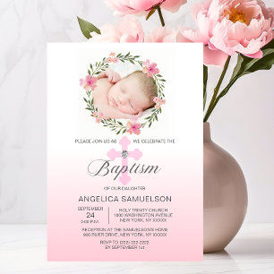 Floral Wreath Pink BAPTISM GIRL   PHOTO Invitation