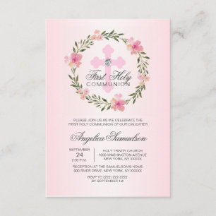 Floral Wreath Pink First Holy Communion GIRL Invitation
