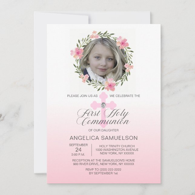 Floral Wreath Pink First Holy Communion GIRL Invitation (Front)