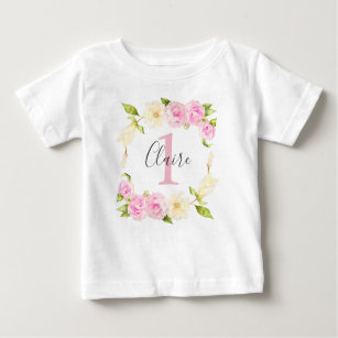 Floral Wreath Pink Girl First Birthday Baby T-Shirt