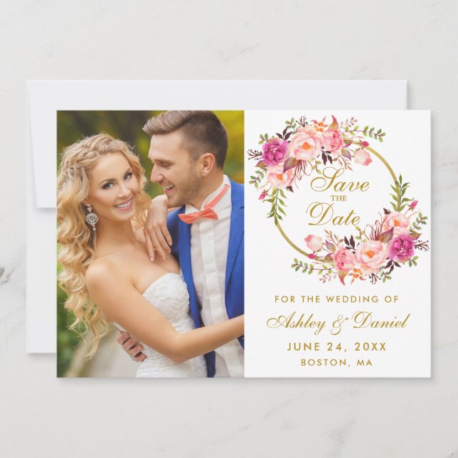 Floral Wreath Pink Gold Save The Date Photo (Front)