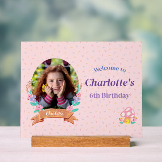Floral Wreath Pink Kids Birthday Photo Welcome Acrylic Sign