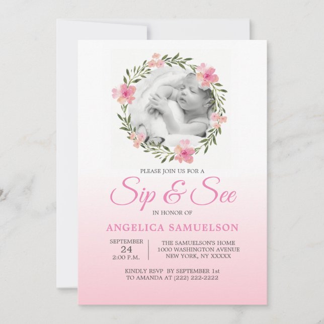 Floral Wreath Pink SIP & SEE Girl | PHOTO Invitation (Front)