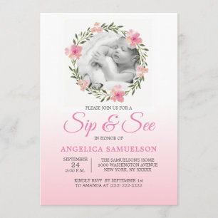 Floral Wreath Pink SIP & SEE Girl PHOTO Invitation