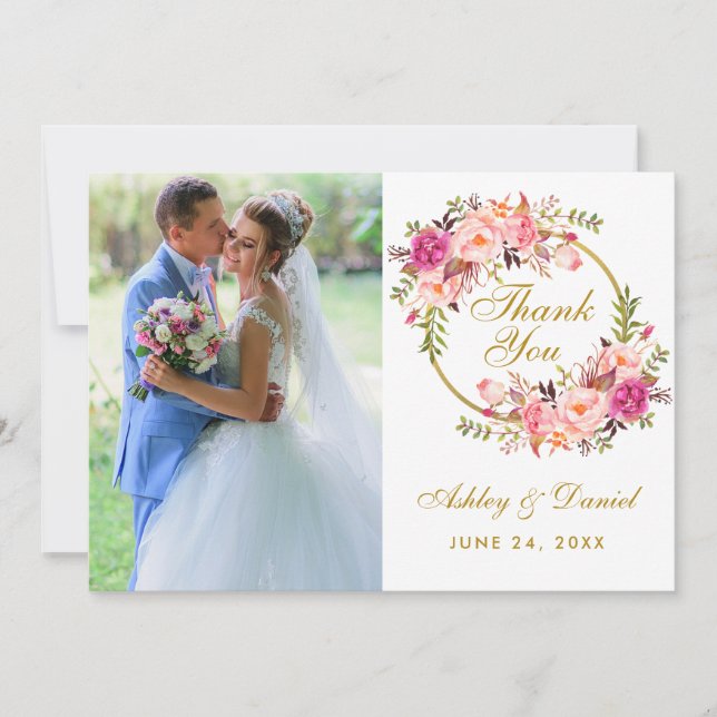 Floral Wreath Pink Wedding Photo Thank You Card (Front)