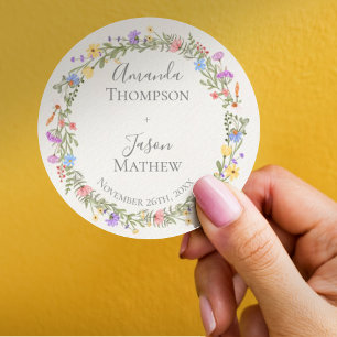 Floral Wreath Purple Blush Pink wildflower Wedding Classic Round Sticker