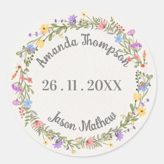 Floral Wreath Purple Blush Pink wildflower Wedding Classic Round Sticker (Front)
