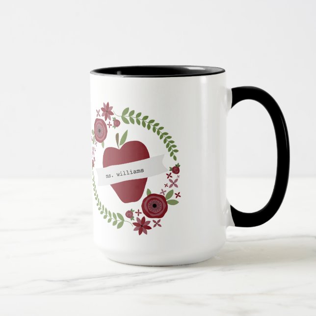 Floral Wreath Red Apple Personalised Teacher Mug (Right)