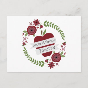 Floral Wreath Red Apple Second Grade Teacher Postcard