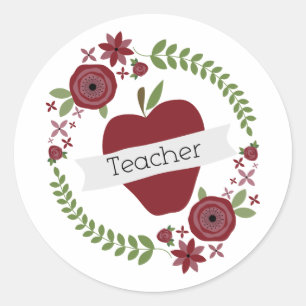 Floral Wreath & Red Apple Teacher Classic Round Sticker