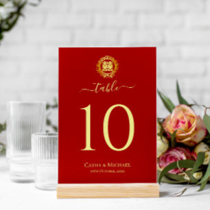 Floral wreath red double happiness Chinese wedding Table Number