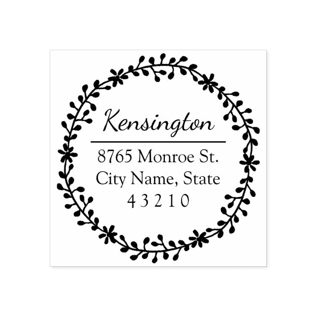 Floral Wreath Return Address Wood Stamp (Imprint)