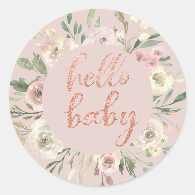 Floral Wreath & Rose Gold Hello Baby Envelope Seal (Front)