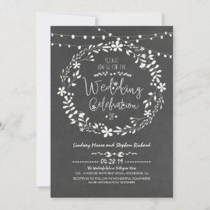 Floral Wreath Rustic String Lights Wedding Invites