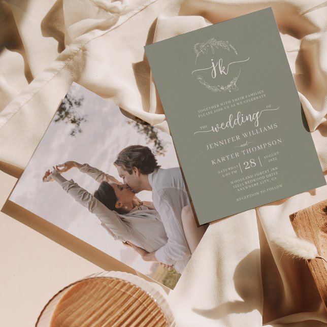 Floral Wreath Sage Green Monogram Photo Wedding  Invitation (Creator Uploaded)