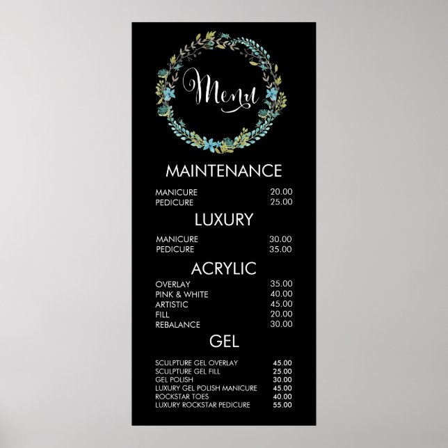 Floral Wreath Salon Menu Price List Wall Poster (Front)