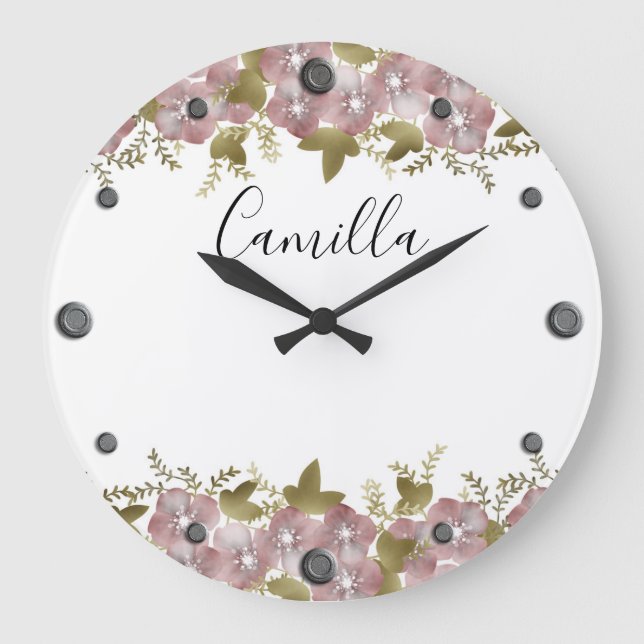 Floral wreath spring summer pink flowers green lea large clock (Front)