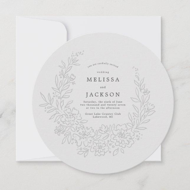 Floral Wreath Stone Grey Wedding Invitation (Front)