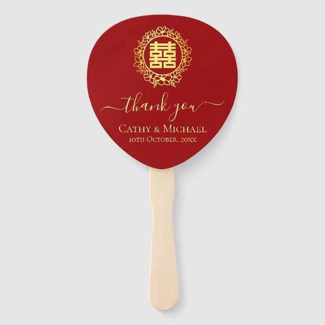 Floral wreath thank you red Chinese wedding Hand Fan (Front)