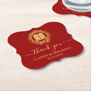 Floral wreath thank you red Chinese wedding Paper Coaster