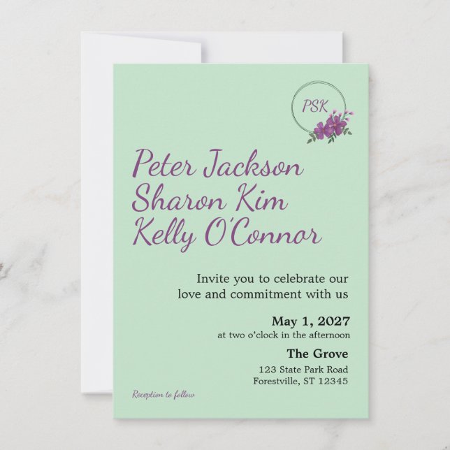 Floral Wreath Triad Wedding Invitation (Front)