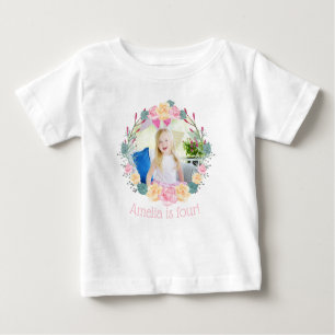 Floral Wreath unicorn Birthday Party Custom Photo  Baby T-Shirt