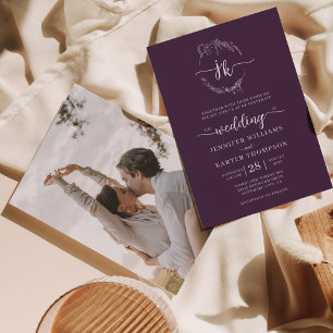 Floral Wreath Violet Monogram Photo Wedding Invitation